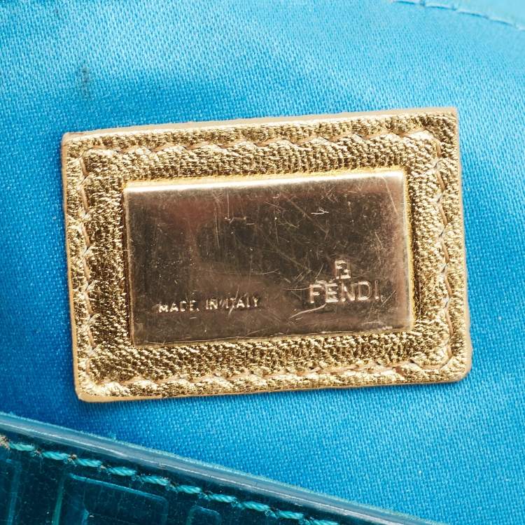 Pre Owned Fendi Blue Metallic Zucchino Laminated Leather Baguette Bag