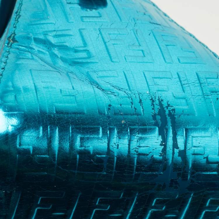 Pre Owned Fendi Blue Metallic Zucchino Laminated Leather Baguette Bag