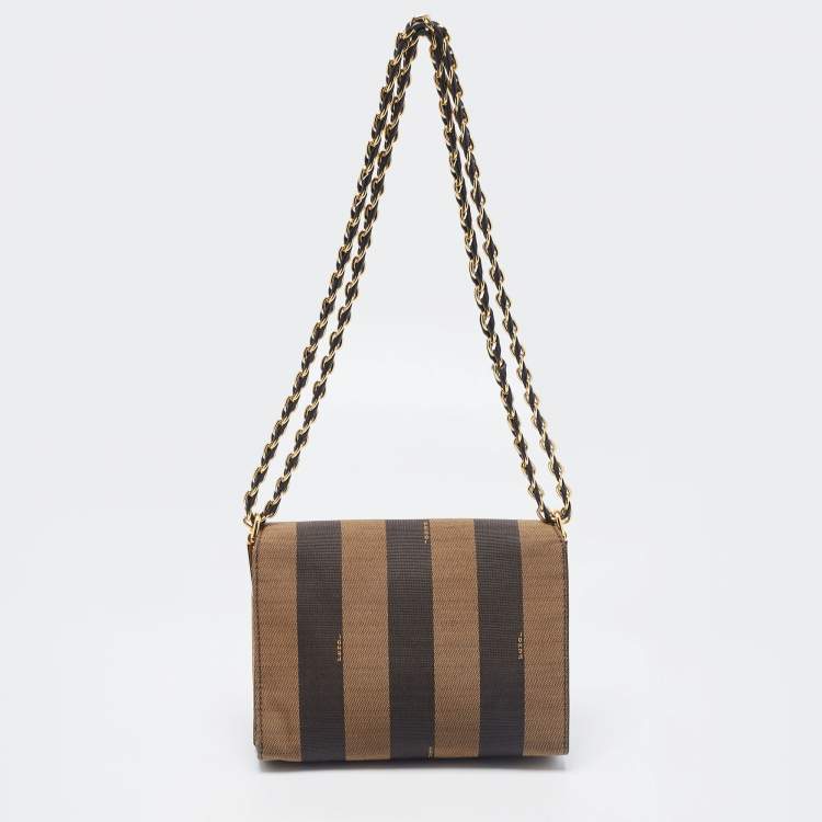 Pre Owned Fendi Tobacco Pequin Canvas Small Claudia Shoulder Bag