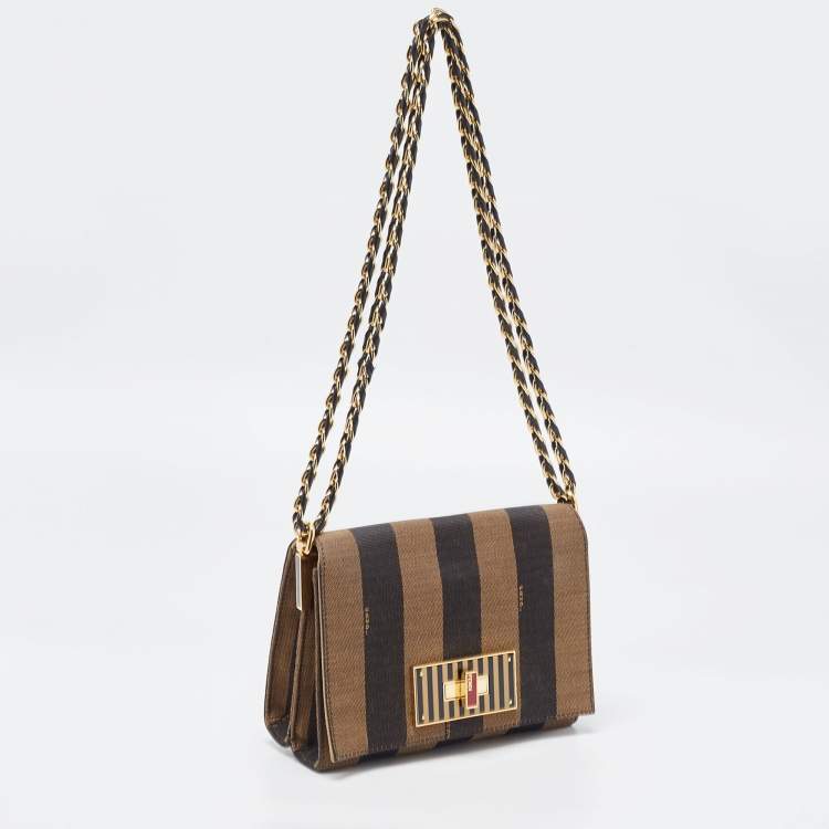 Pre Owned Fendi Tobacco Pequin Canvas Small Claudia Shoulder Bag
