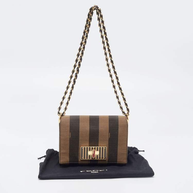 Pre Owned Fendi Tobacco Pequin Canvas Small Claudia Shoulder Bag