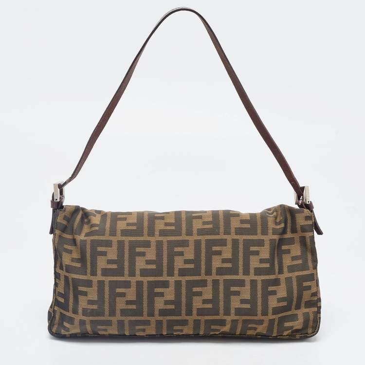 Pre Owned Fendi Tobacco Zucca Canvas and Leather Logo Flap Baguette Bag