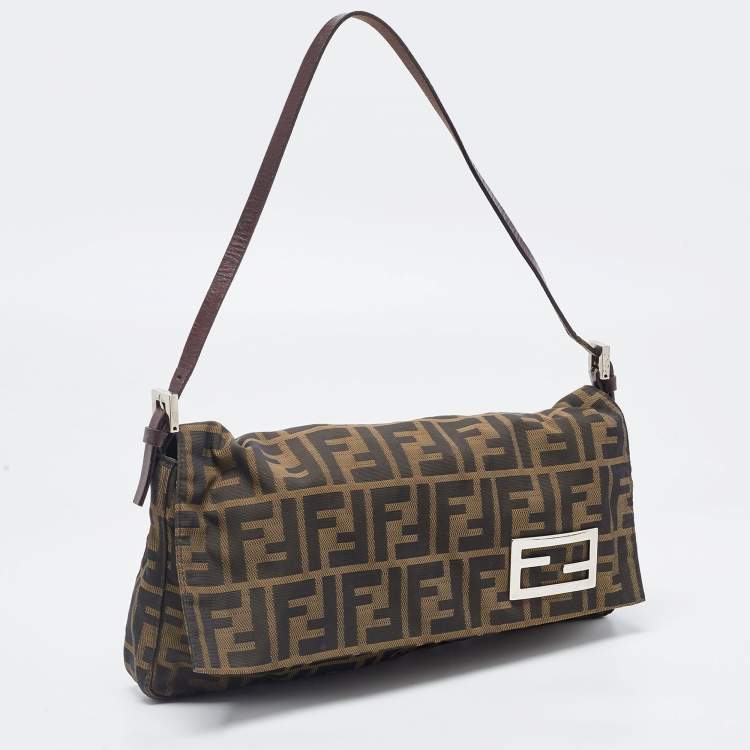 Pre Owned Fendi Tobacco Zucca Canvas and Leather Logo Flap Baguette Bag
