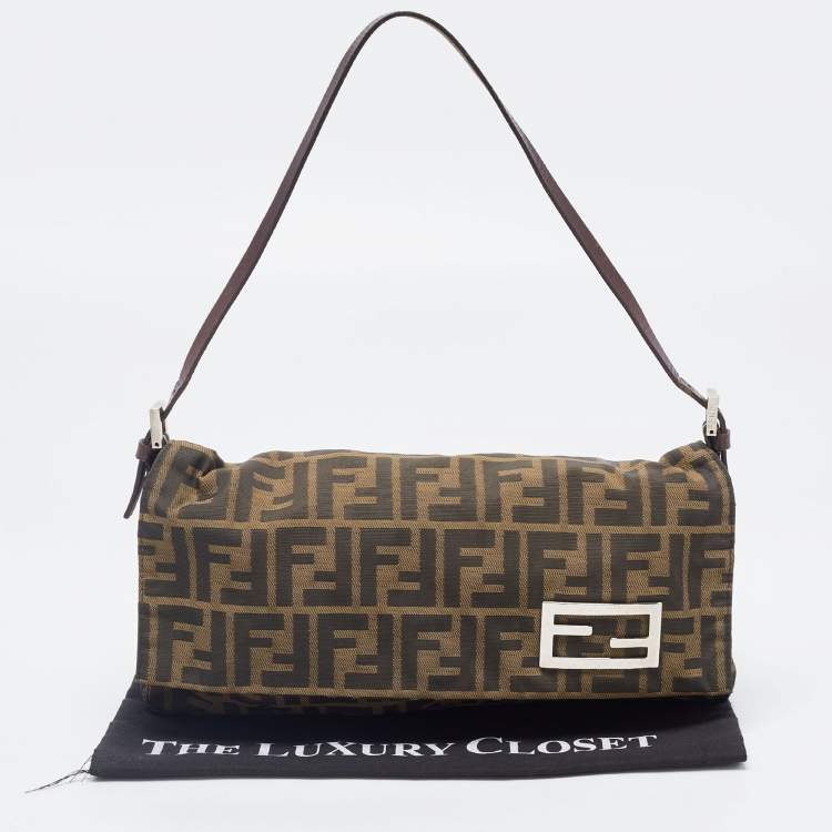 Pre Owned Fendi Tobacco Zucca Canvas and Leather Logo Flap Baguette Bag