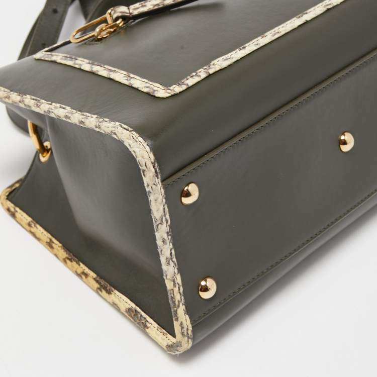 مملوكة مسبقًا Fendi Green/Beige Leather and Watersnake Trim Small Runaway Top Handle Bag
