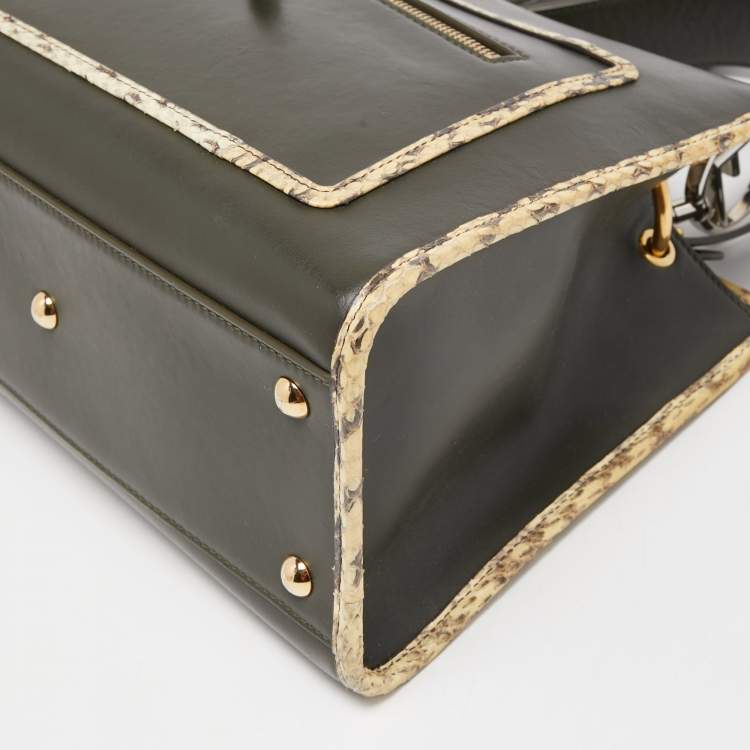 مملوكة مسبقًا Fendi Green/Beige Leather and Watersnake Trim Small Runaway Top Handle Bag