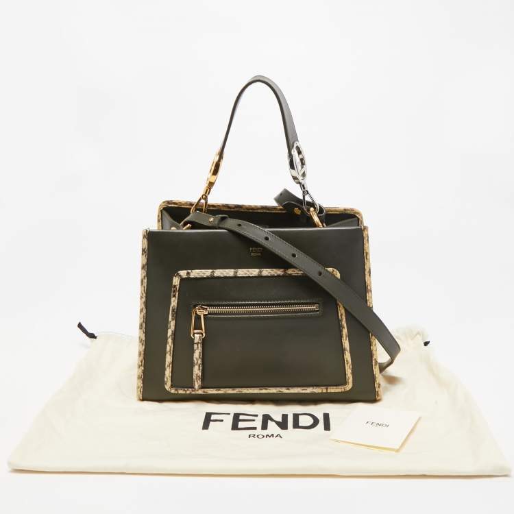 مملوكة مسبقًا Fendi Green/Beige Leather and Watersnake Trim Small Runaway Top Handle Bag
