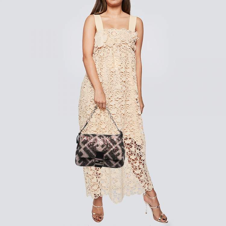 Pre Owned Fendi Black/Pink Zucca Sequins and Wool Mama Forever Flap Bag
