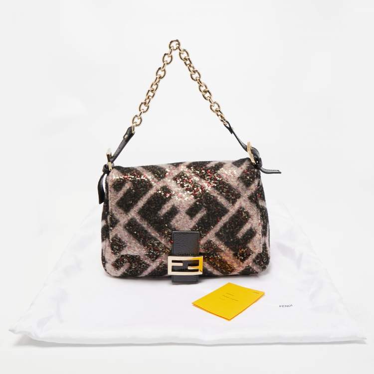 Pre Owned Fendi Black/Pink Zucca Sequins and Wool Mama Forever Flap Bag