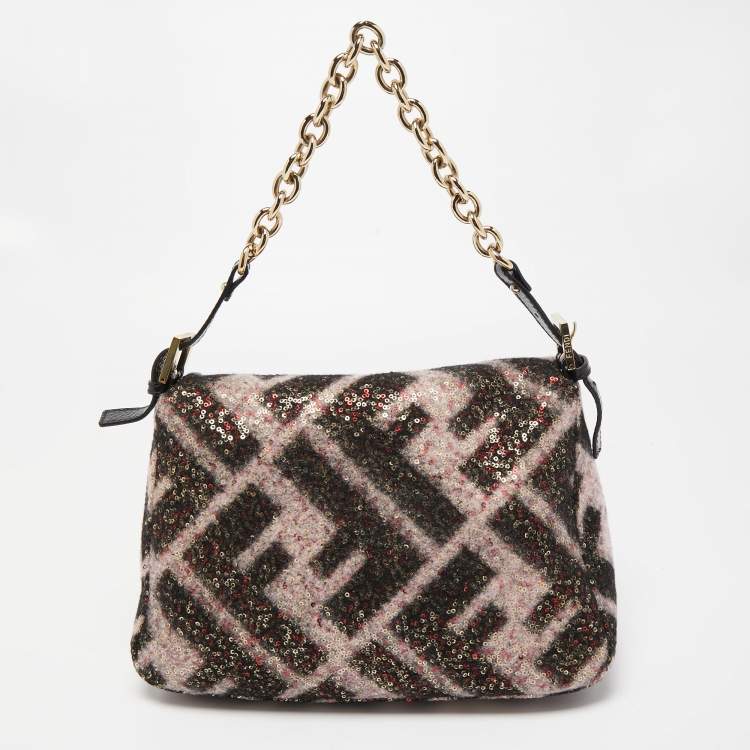 Pre Owned Fendi Black/Pink Zucca Sequins and Wool Mama Forever Flap Bag
