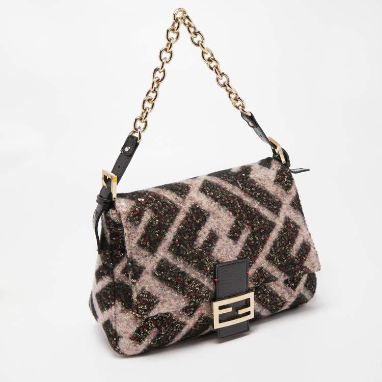 Pre Owned Fendi Black/Pink Zucca Sequins and Wool Mama Forever Flap Bag