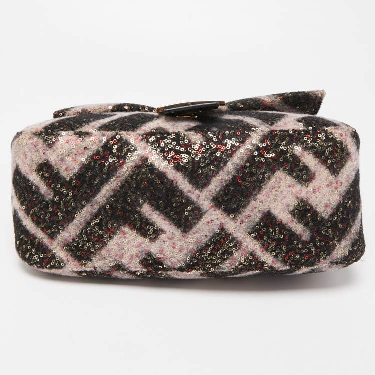 Pre Owned Fendi Black/Pink Zucca Sequins and Wool Mama Forever Flap Bag