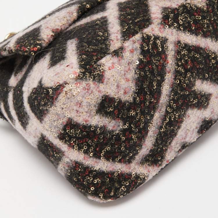 Pre Owned Fendi Black/Pink Zucca Sequins and Wool Mama Forever Flap Bag