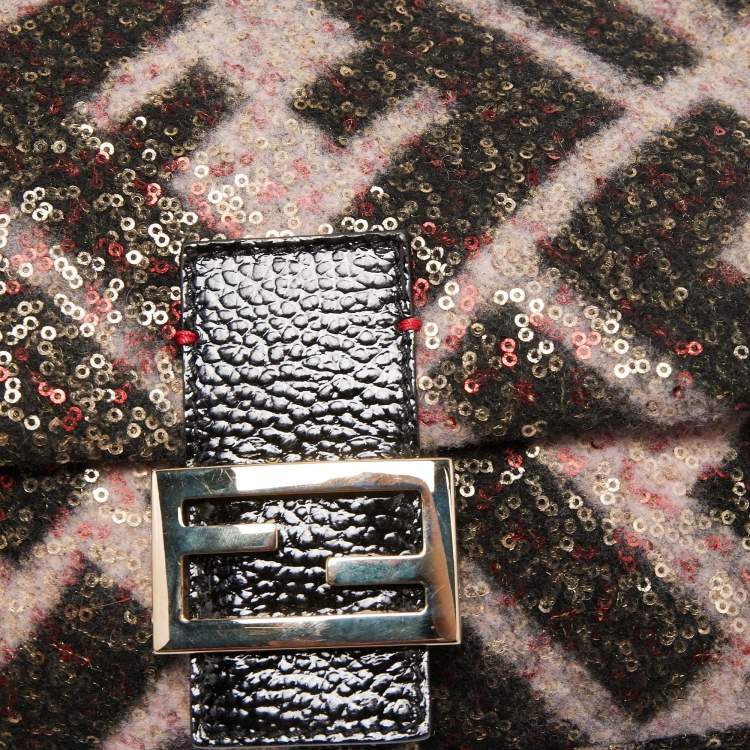 Pre Owned Fendi Black/Pink Zucca Sequins and Wool Mama Forever Flap Bag