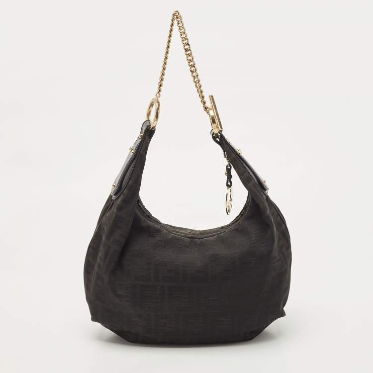 Pre Owned Fendi Black Zucca Canvas Chef Chain Link Hobo