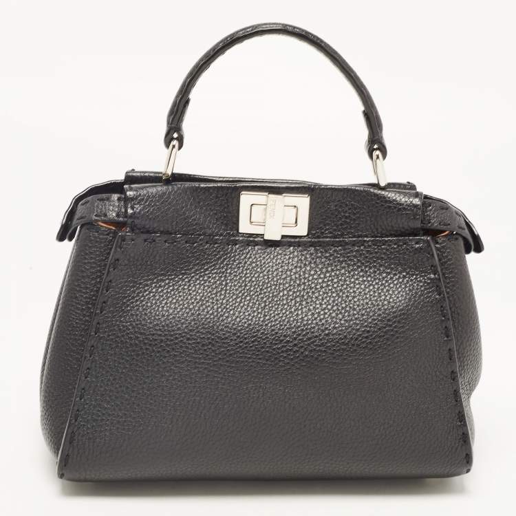 Pre Owned Fendi Black Selleria Leather Mini Peekaboo Top Handle Bag