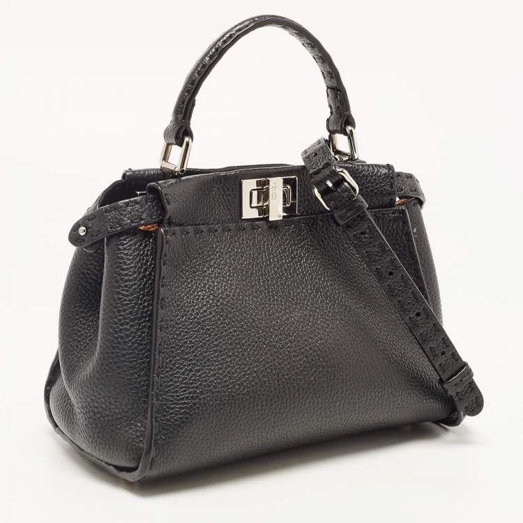 Pre Owned Fendi Black Selleria Leather Mini Peekaboo Top Handle Bag