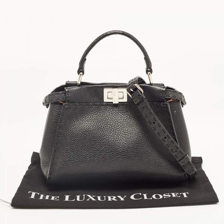 Pre Owned Fendi Black Selleria Leather Mini Peekaboo Top Handle Bag