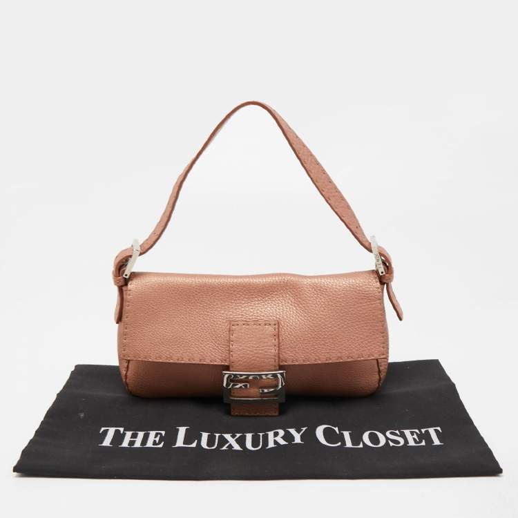 Pre Owned Fendi Old Rose Selleria Leather FF Flap Baguette Bag
