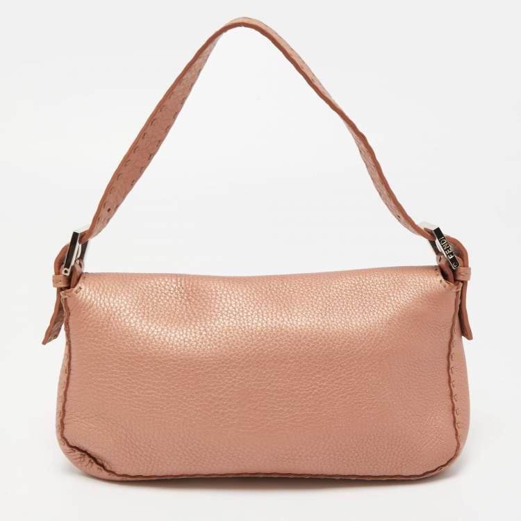 Pre Owned Fendi Old Rose Selleria Leather FF Flap Baguette Bag