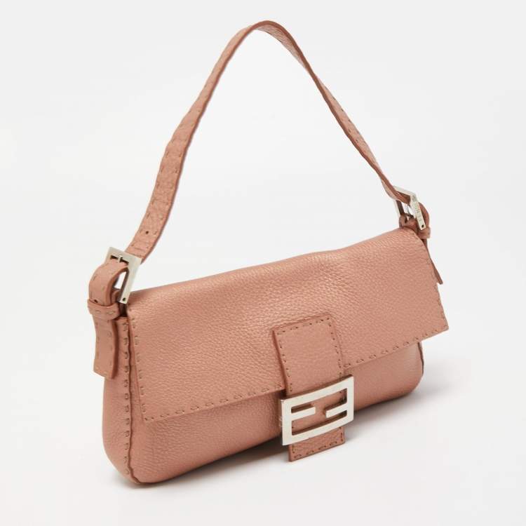 Pre Owned Fendi Old Rose Selleria Leather FF Flap Baguette Bag