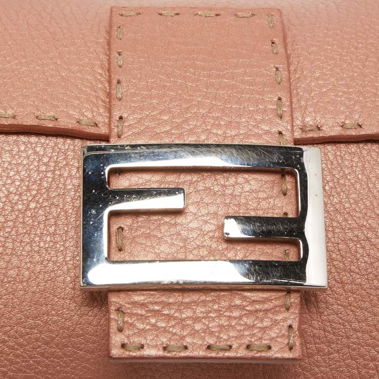 Pre Owned Fendi Old Rose Selleria Leather FF Flap Baguette Bag