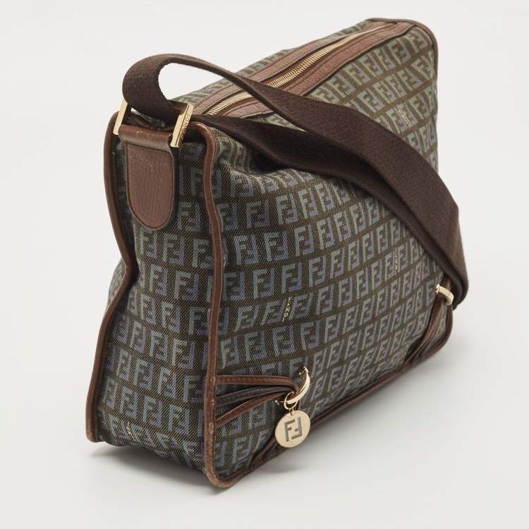 Pre Owned Fendi Blue/Brown Zucchino Canvas and Leather F Charm Messenger Bag