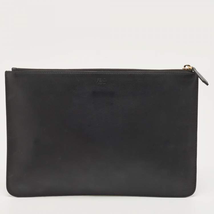 Pre Owned Fendi Black Leather Monster Flat Clutch