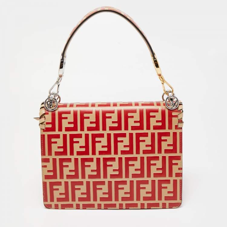 Pre Owned Fendi Red/Beige Leather Kan I F Logo Shoulder Bag