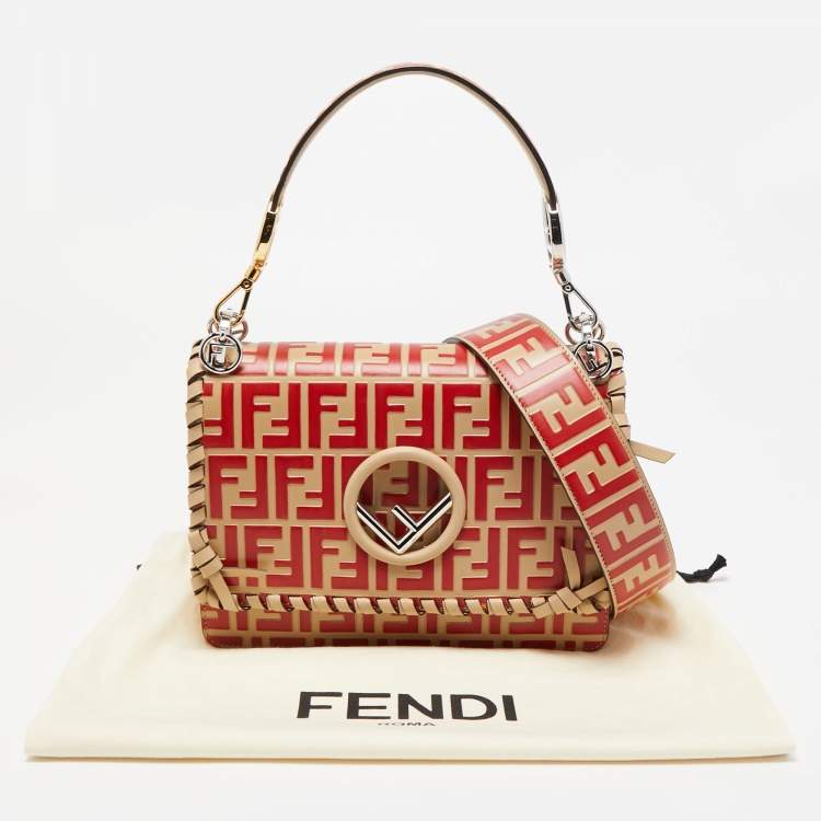 Pre Owned Fendi Red/Beige Leather Kan I F Logo Shoulder Bag
