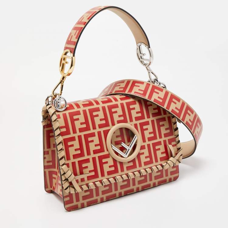 Pre Owned Fendi Red/Beige Leather Kan I F Logo Shoulder Bag