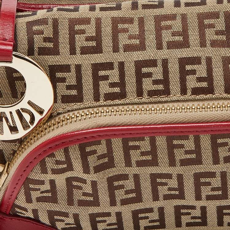 مملوكة مسبقًا Fendi Red/Brown Zucchino Canvas and Leather Small Chef Pocket Shoulder Bag