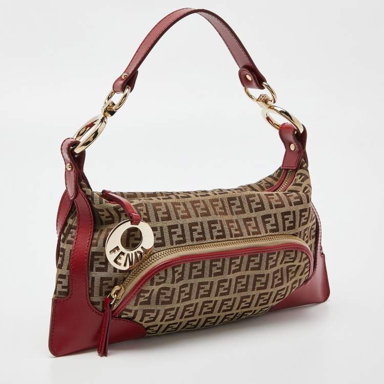 مملوكة مسبقًا Fendi Red/Brown Zucchino Canvas and Leather Small Chef Pocket Shoulder Bag