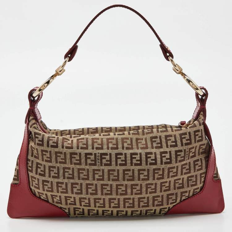 مملوكة مسبقًا Fendi Red/Brown Zucchino Canvas and Leather Small Chef Pocket Shoulder Bag