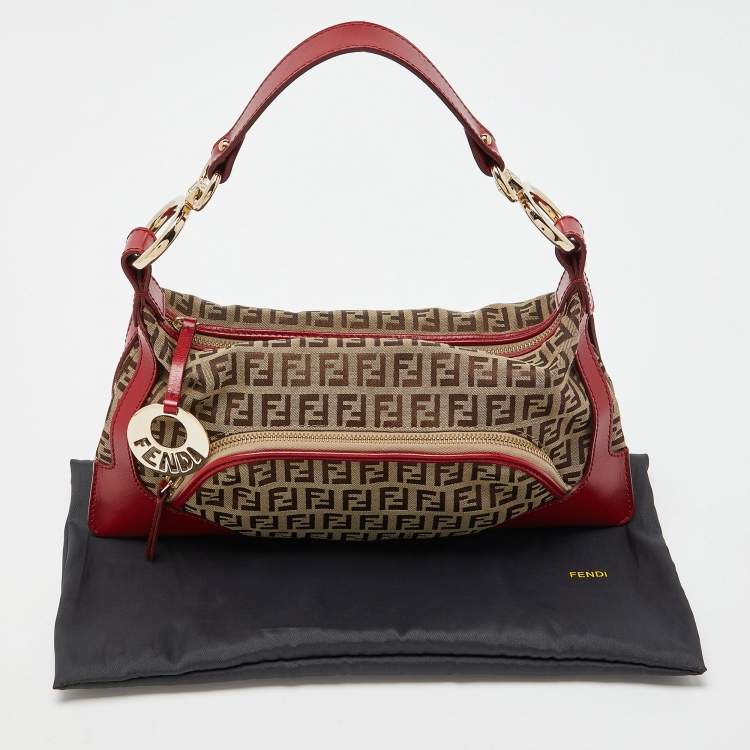 مملوكة مسبقًا Fendi Red/Brown Zucchino Canvas and Leather Small Chef Pocket Shoulder Bag