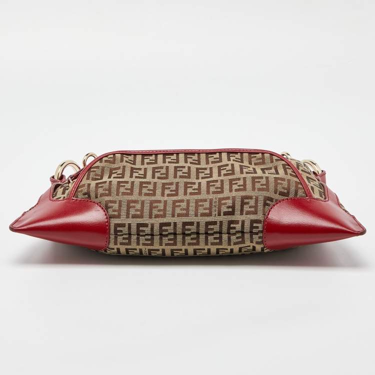 مملوكة مسبقًا Fendi Red/Brown Zucchino Canvas and Leather Small Chef Pocket Shoulder Bag