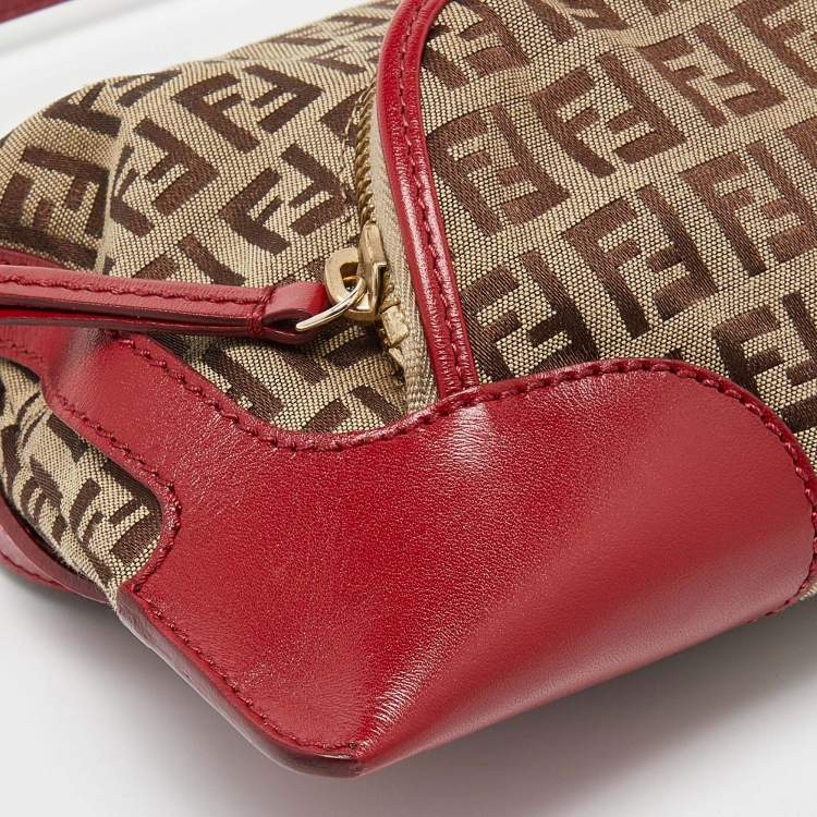 مملوكة مسبقًا Fendi Red/Brown Zucchino Canvas and Leather Small Chef Pocket Shoulder Bag