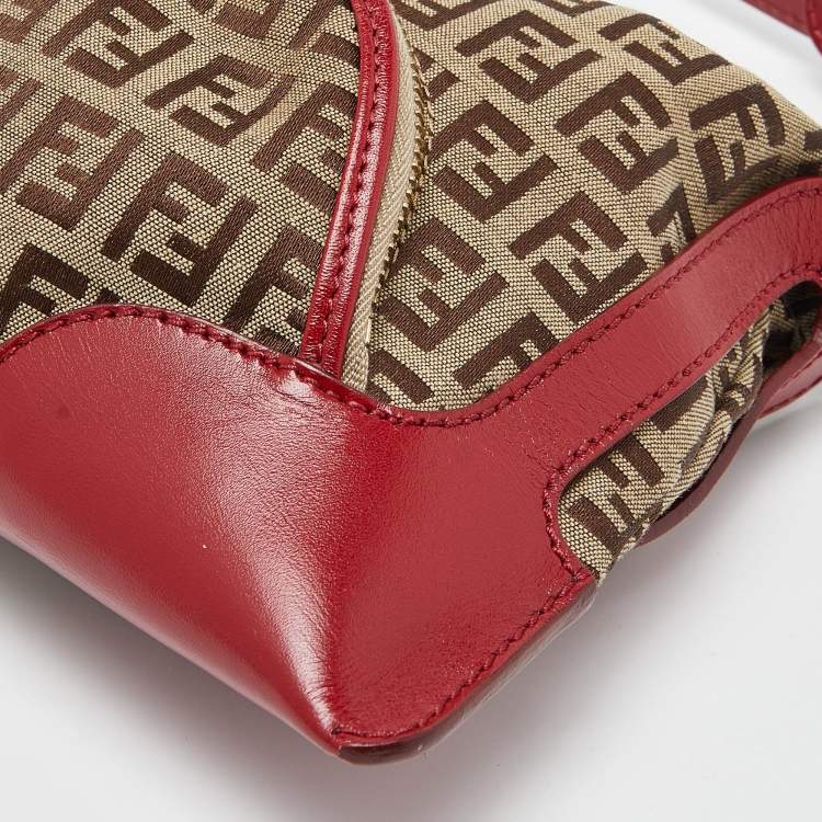 مملوكة مسبقًا Fendi Red/Brown Zucchino Canvas and Leather Small Chef Pocket Shoulder Bag
