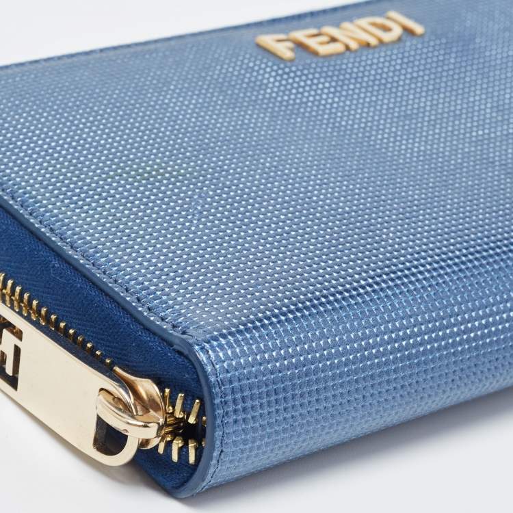 Pre Owned Fendi Metallic Blue Textured Leather Zip Around Continental Wallet