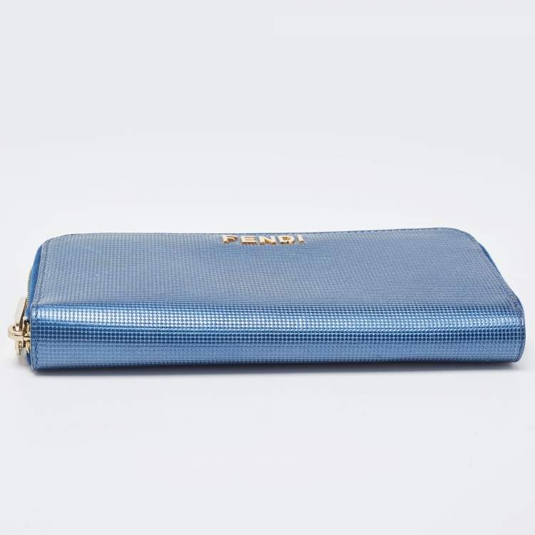 Pre Owned Fendi Metallic Blue Textured Leather Zip Around Continental Wallet