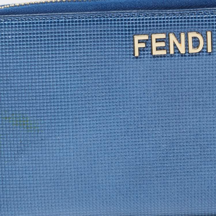 Pre Owned Fendi Metallic Blue Textured Leather Zip Around Continental Wallet