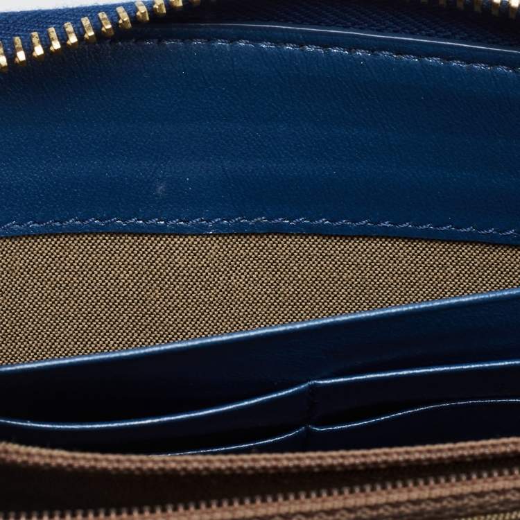 Pre Owned Fendi Metallic Blue Textured Leather Zip Around Continental Wallet