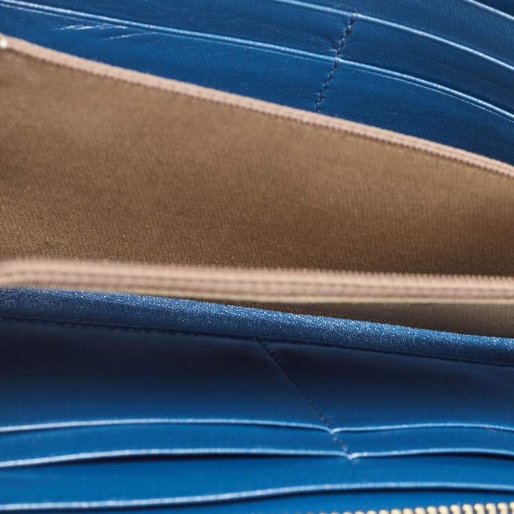 Pre Owned Fendi Metallic Blue Textured Leather Zip Around Continental Wallet