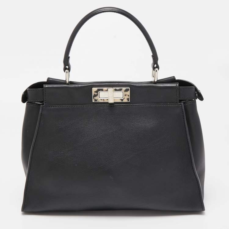 Pre Owned Fendi Black Tortoiseshell Effect Leather Medium Peekaboo Iseeu Top Handle Bag