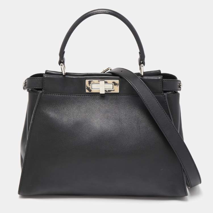 Pre Owned Fendi Black Tortoiseshell Effect Leather Medium Peekaboo Iseeu Top Handle Bag