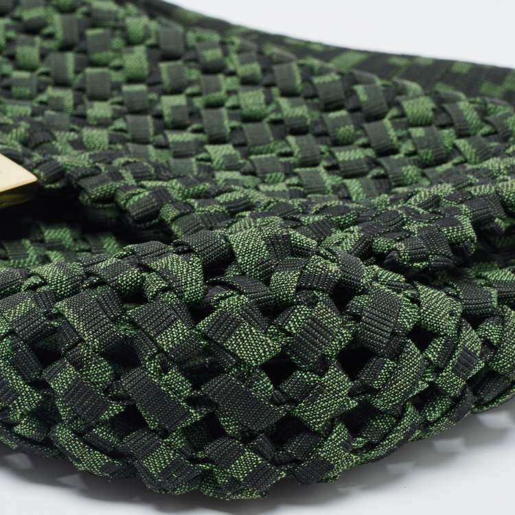 Pre Owned Fendi Green Jacquard Woven Fabric Medium Baguette Bag