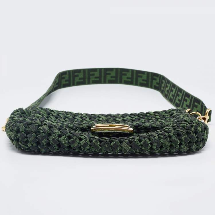 Pre Owned Fendi Green Jacquard Woven Fabric Medium Baguette Bag