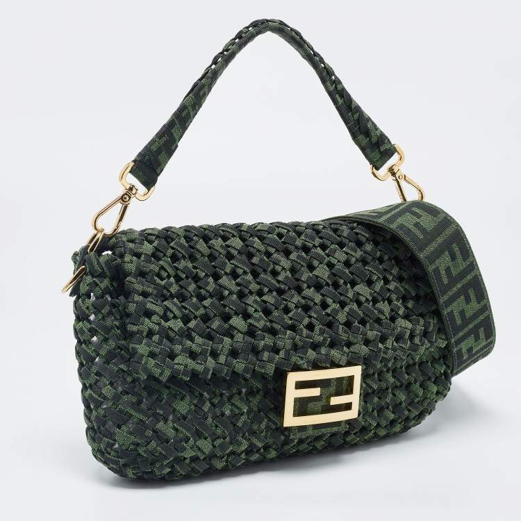 Pre Owned Fendi Green Jacquard Woven Fabric Medium Baguette Bag