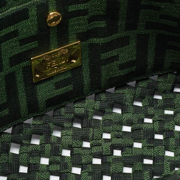 Pre Owned Fendi Green Jacquard Woven Fabric Medium Baguette Bag