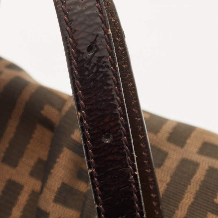 Pre Owned Fendi Tobacco Zucca Canvas and Patent Leather Mia Flap Shoulder Bag